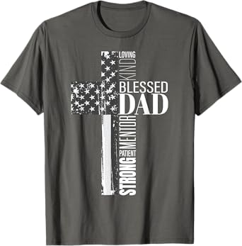 Christian Blessed Dad Cross American Flag Religious Father Men T-Shirt