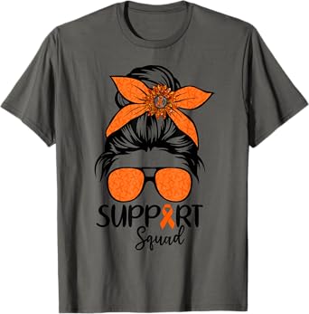 Women Messy Bun Orange Support Squad Kidney Cancer Awareness T-Shirt