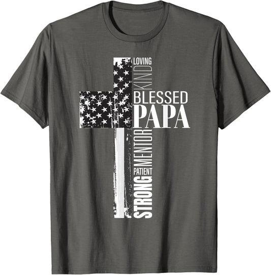 Blessed Papa American Flag Christian Religious Fathers Day T-Shirt