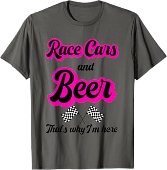 Race Car Gifts Women Pink Race Cars And Beer Checkered Flag T-Shirt