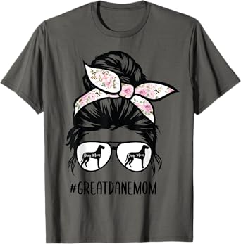 Great Dane Mom messy bun hair glasses T-Shirt