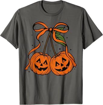 Coquette Pumpkin Cheeries Bow Halloween Fall Autumn Women T-Shirt