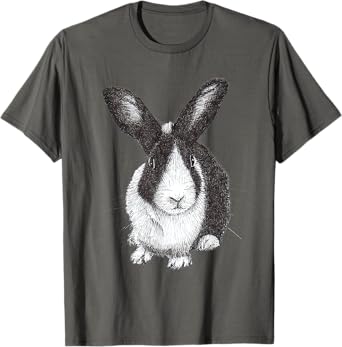 ChescaMade Dutch Bunny Rabbit Drawing T-Shirt - Women's Grey Rabbit Themed T-Shirt - Small - Classic Fit - Short Sleeve - Cotton, Polyester - Unique Rabbit Drawing Graphic