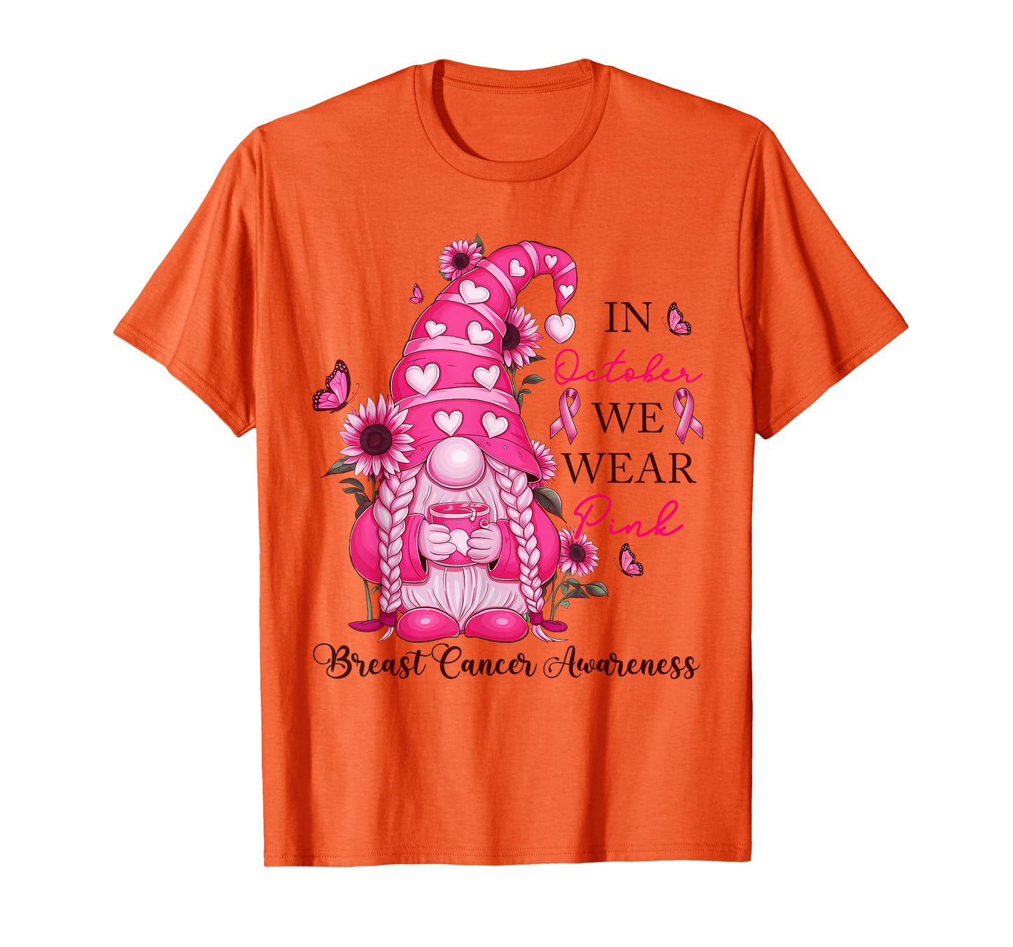 Cute Gnome Breast Cancer Awareness Pink Heart Pink Ribbon T-Shirt