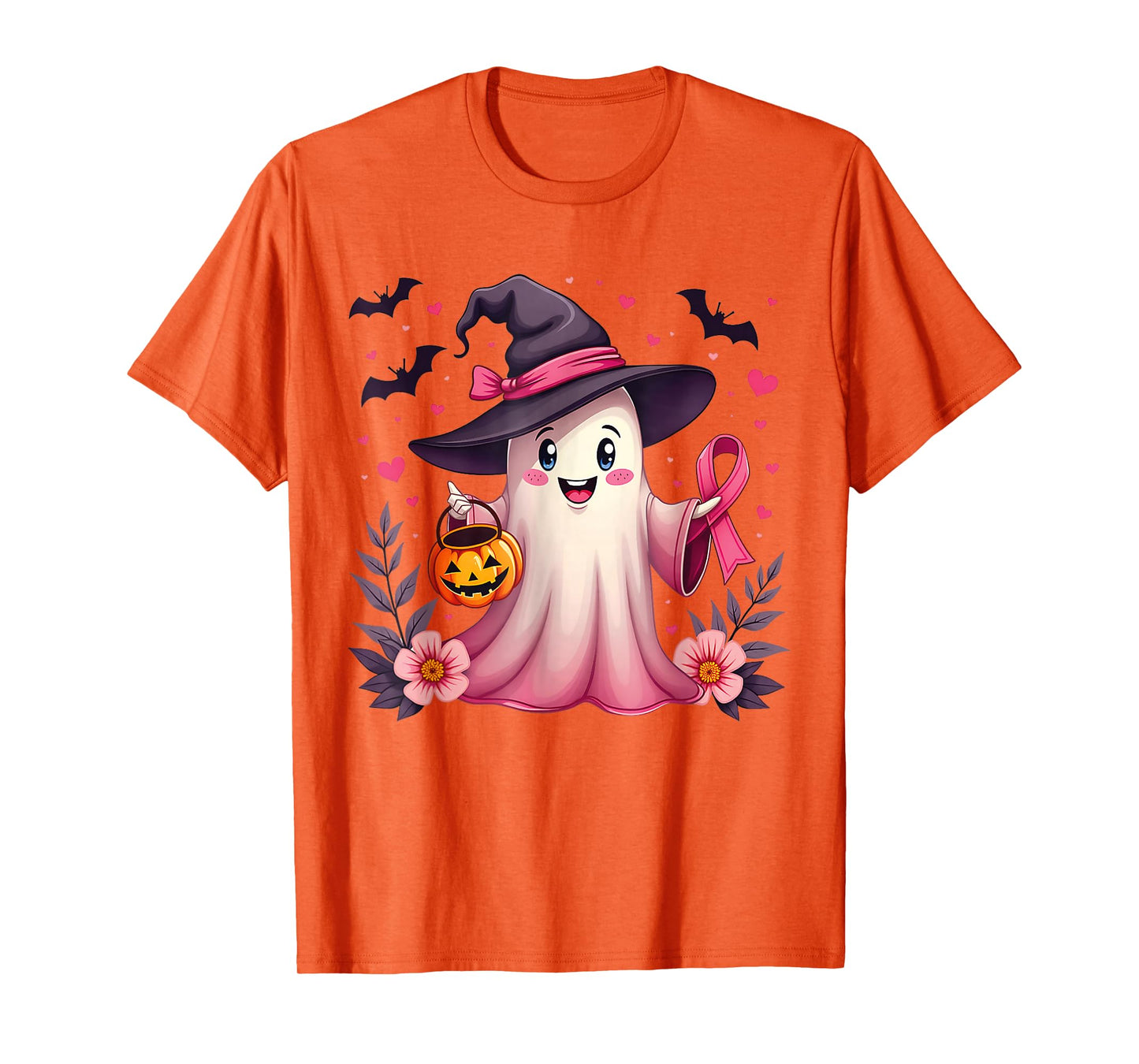 in October We Wear Pink Ghost Witch Breast Cancer Awareness T-Shirt
