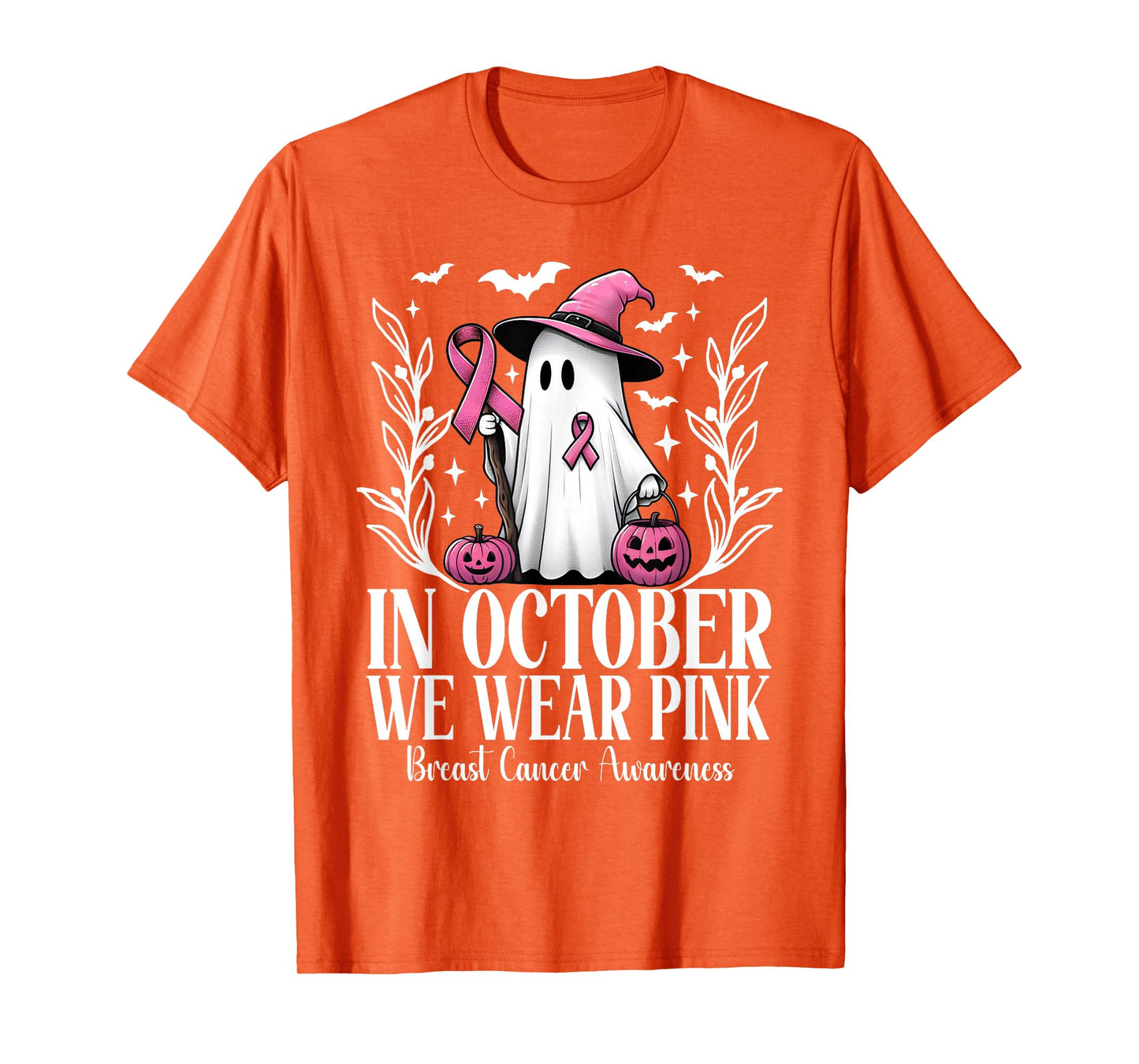 In October We Wear Pink Breast Cancer Ghost Witch Halloween T-Shirt