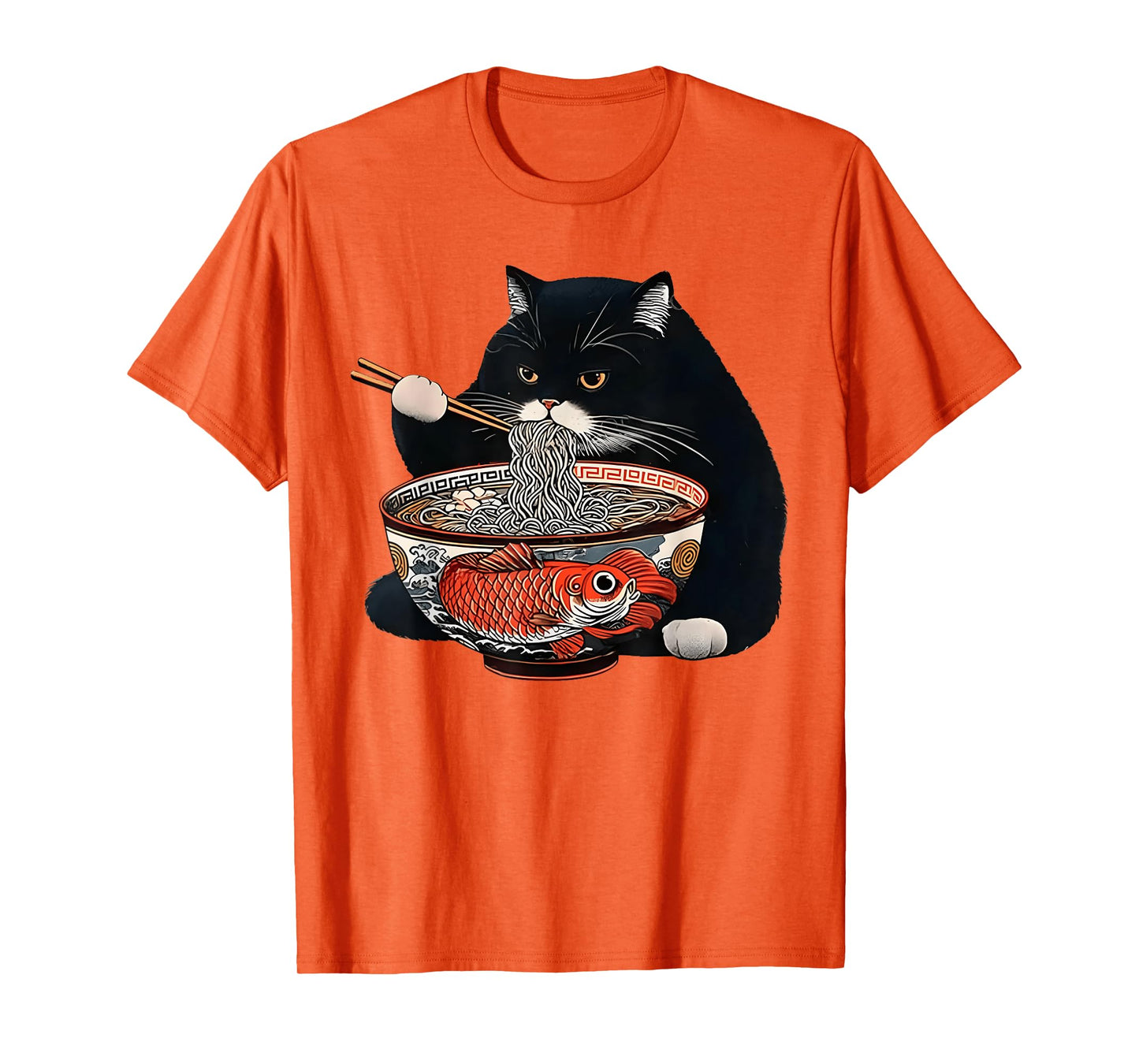 Funny Black Fat Cat Eating Ramen T-Shirt