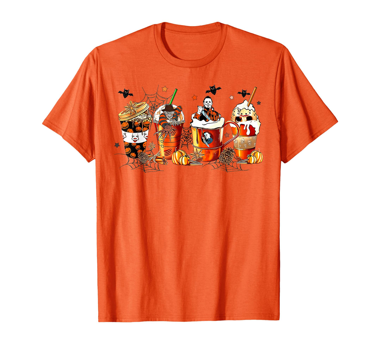 Vintage Halloween Horror Latte Coffee Cups Ghost Skeleton T-Shirt