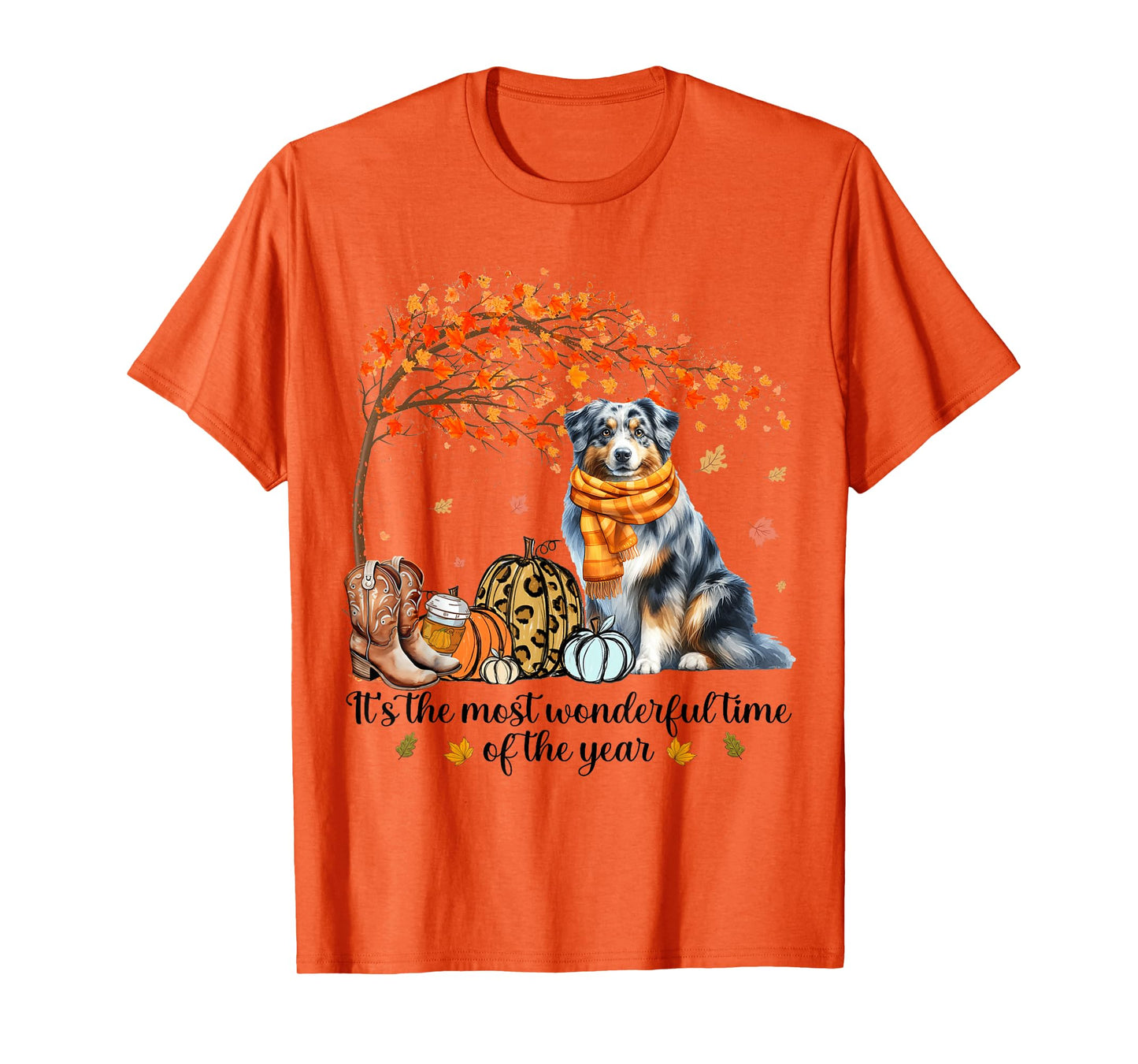 Fall Maple Tree Print Dog Lover Happy Thanksgiving Australian Shepherd Autumn Fall T-Shirt