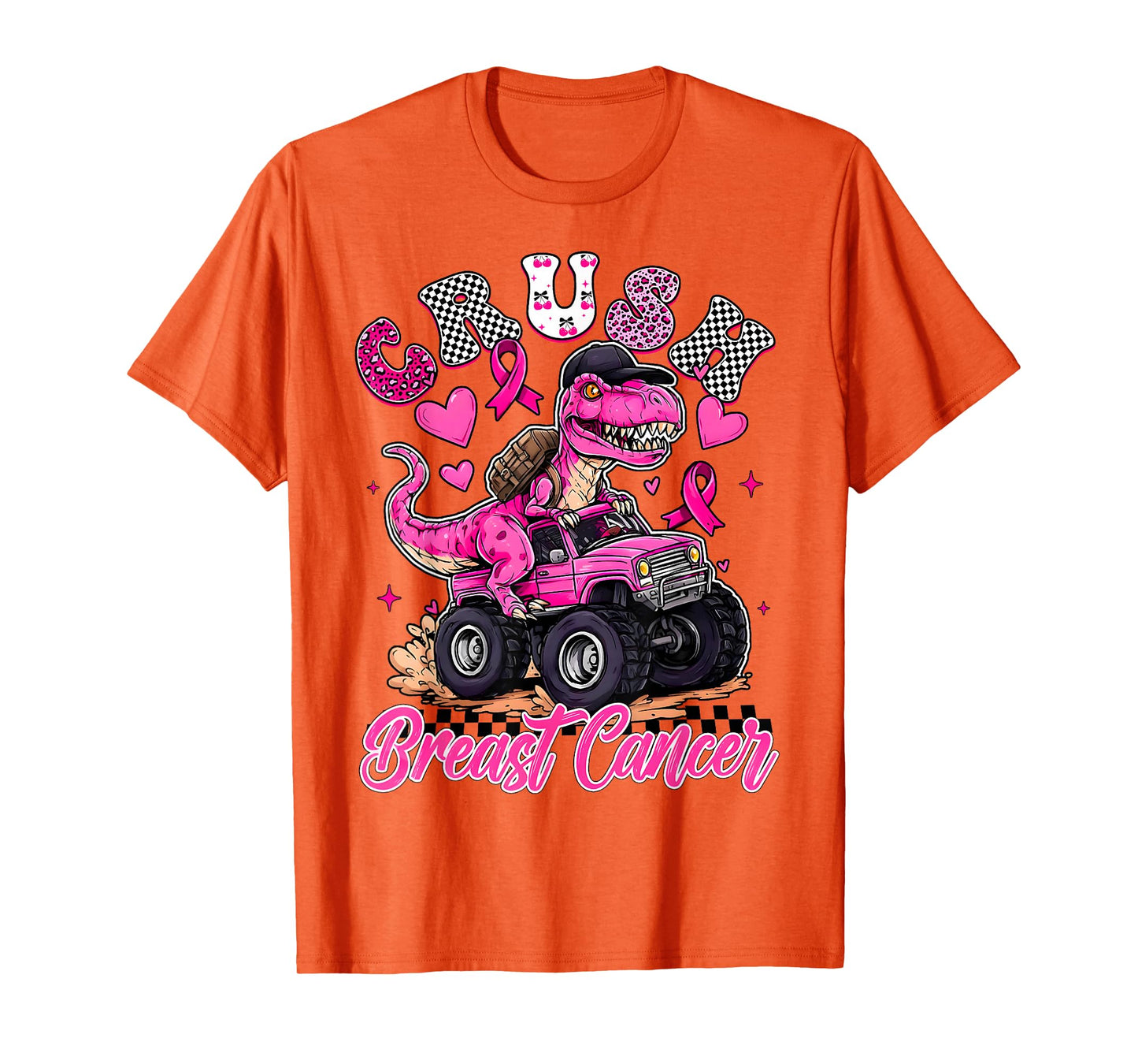 Crush Breast Cancer Dinosaur T Rex Monster Truck Boys Kids T-Shirt