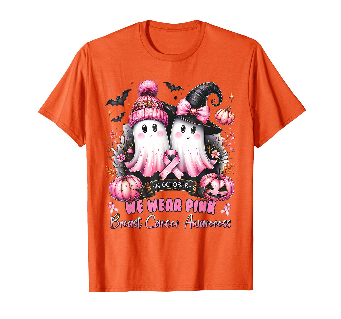 in October We Wear Pink Ghost Witch Breast Cancer Awareness T-Shirt