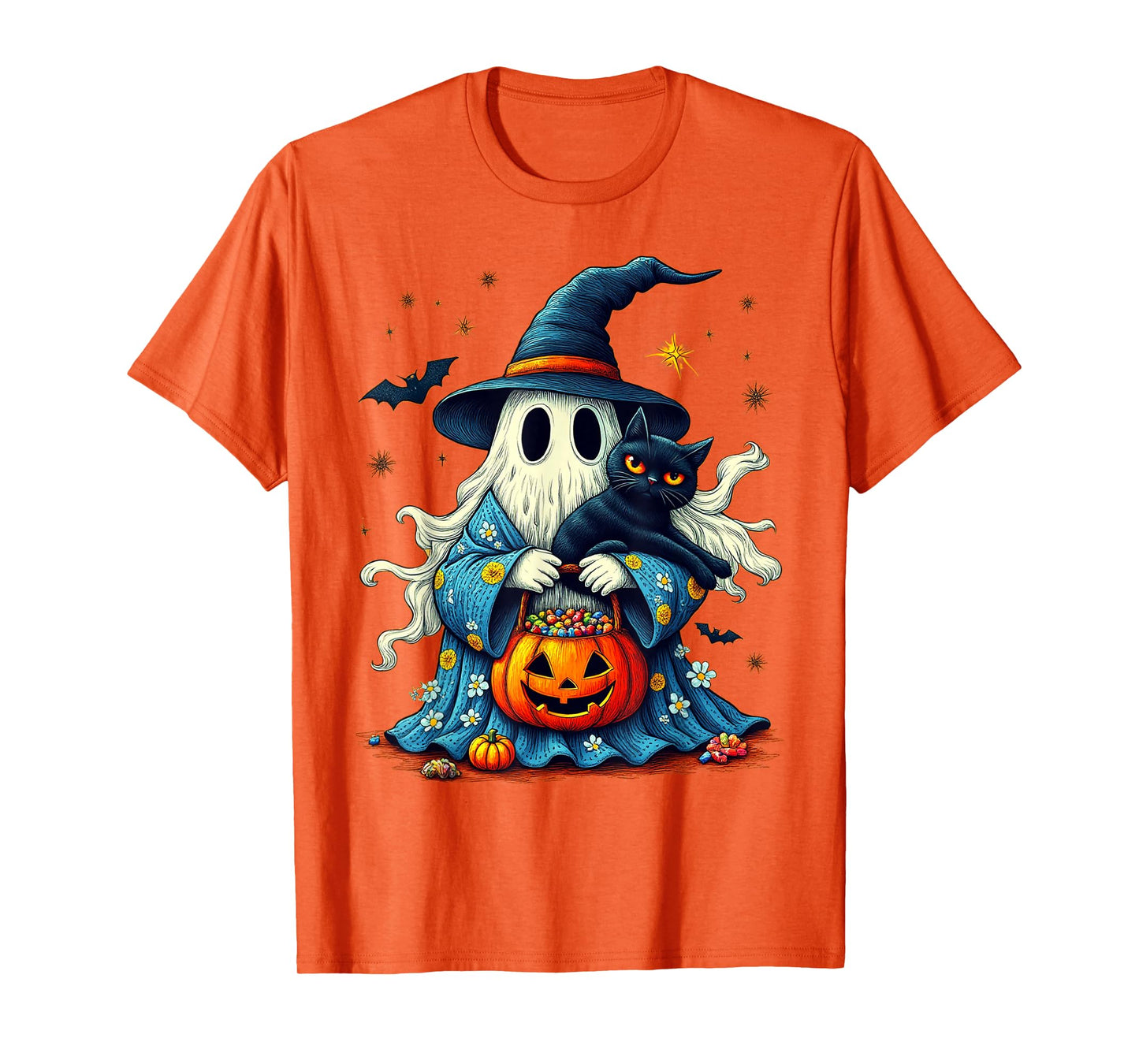 Vintage Halloween 2025 Ghost Holding Black Cat Groovy Floral T-Shirt