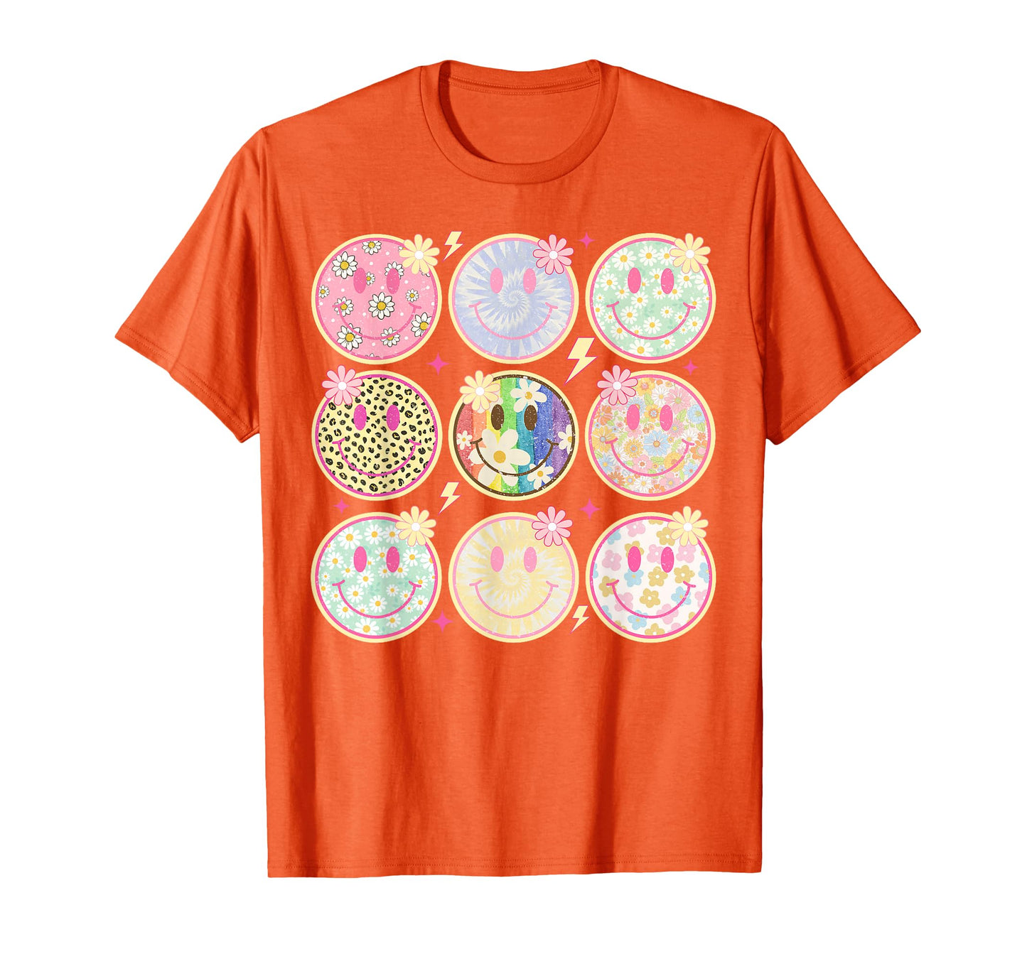 Retro Groovy Smile Face Flower Happy Face Checkered Pattern T-Shirt
