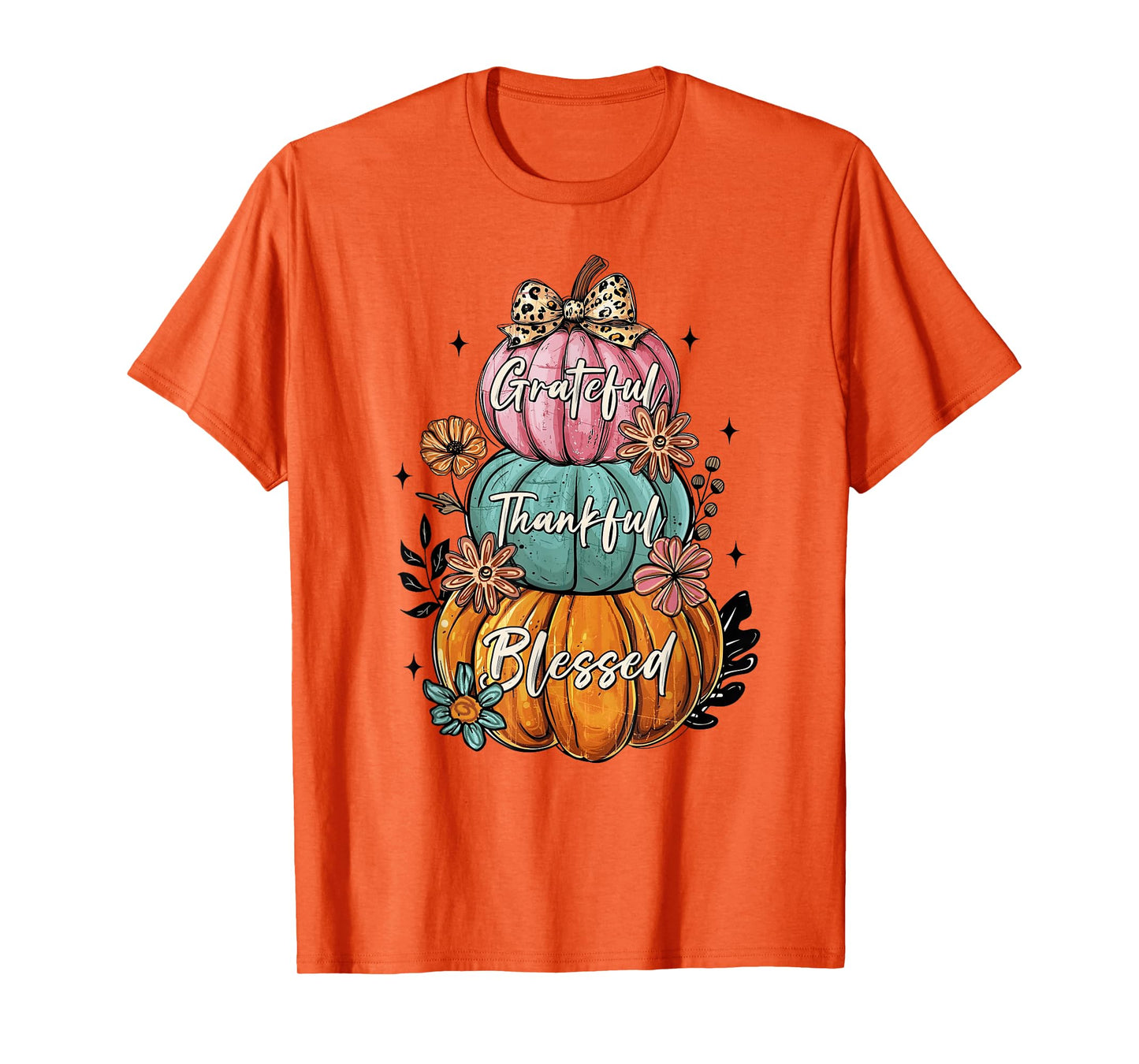 Thankful Grateful Blessed Coquette Bow Floral Pumpkin Fall T-Shirt