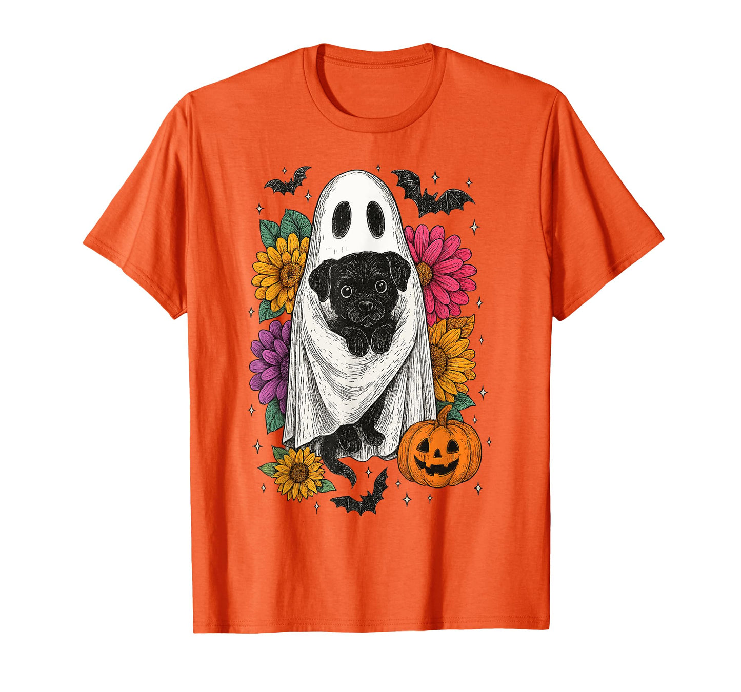 Ghost Black Dog Floral Halloween Coquette Funny Black Dog T-Shirt
