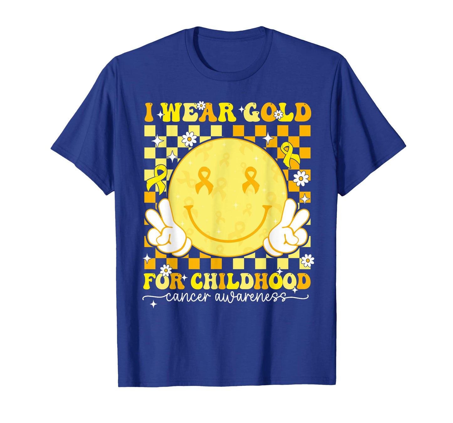 I Wear Gold Childhood Cancer Awareness Ribbon Groovy Retro T-Shirt
