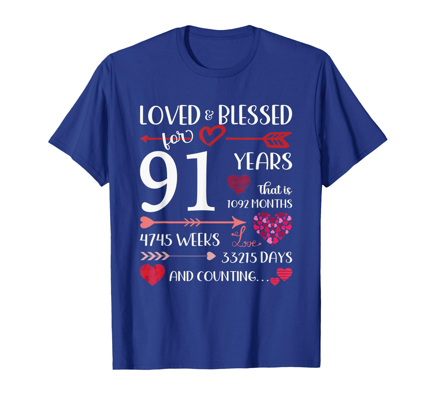 Loved And Blessed For 91 Years Old 91st Birthday Mothers Day T-Shirt