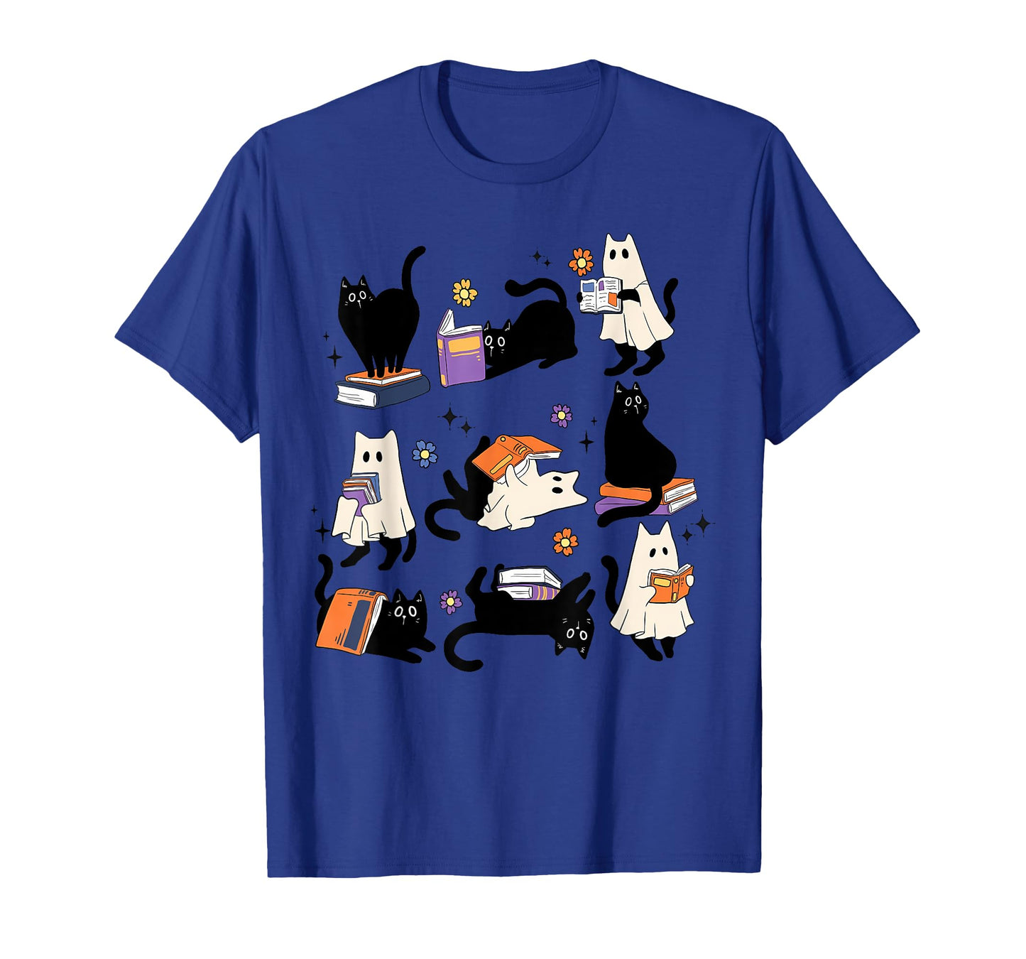 Cute Ghost Cat Reading Books Lover Bookish Halloween Spooky T-Shirt