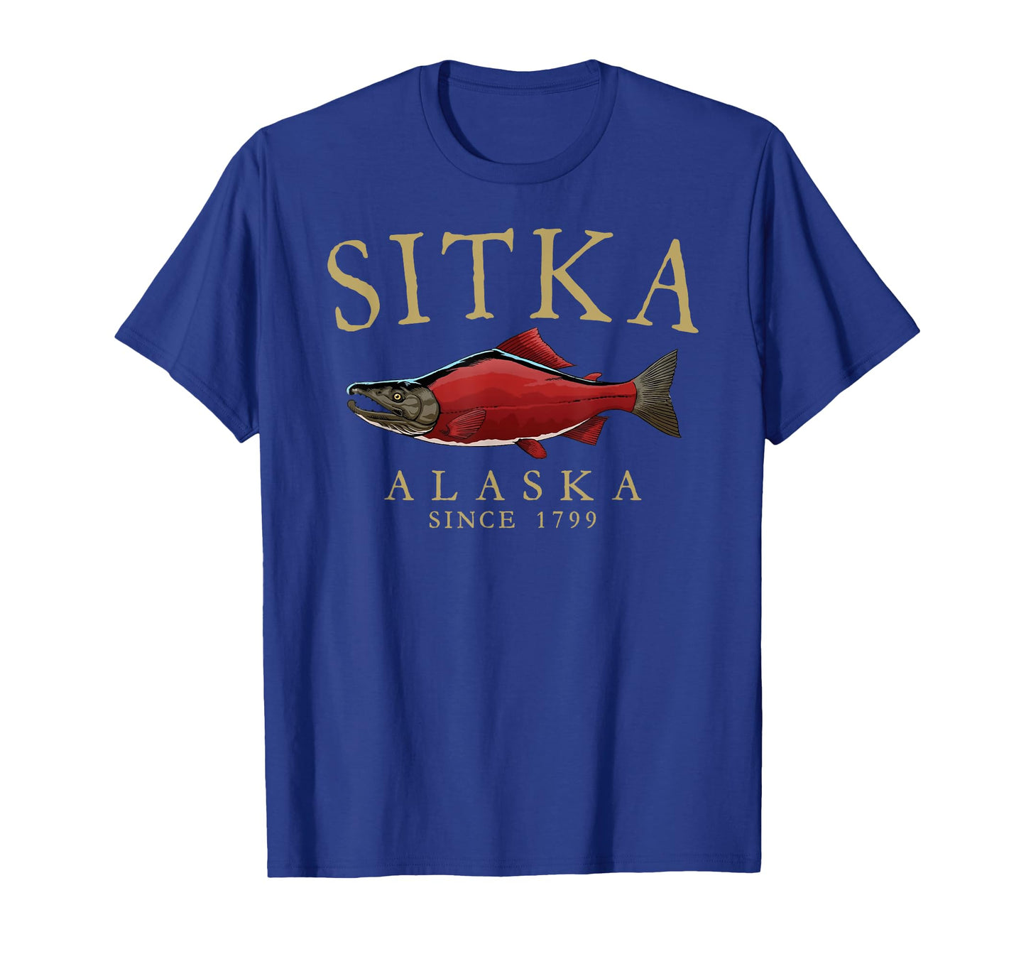 Sitka Alaska Salmon Since 1799 Arched Tan Letters T-Shirt