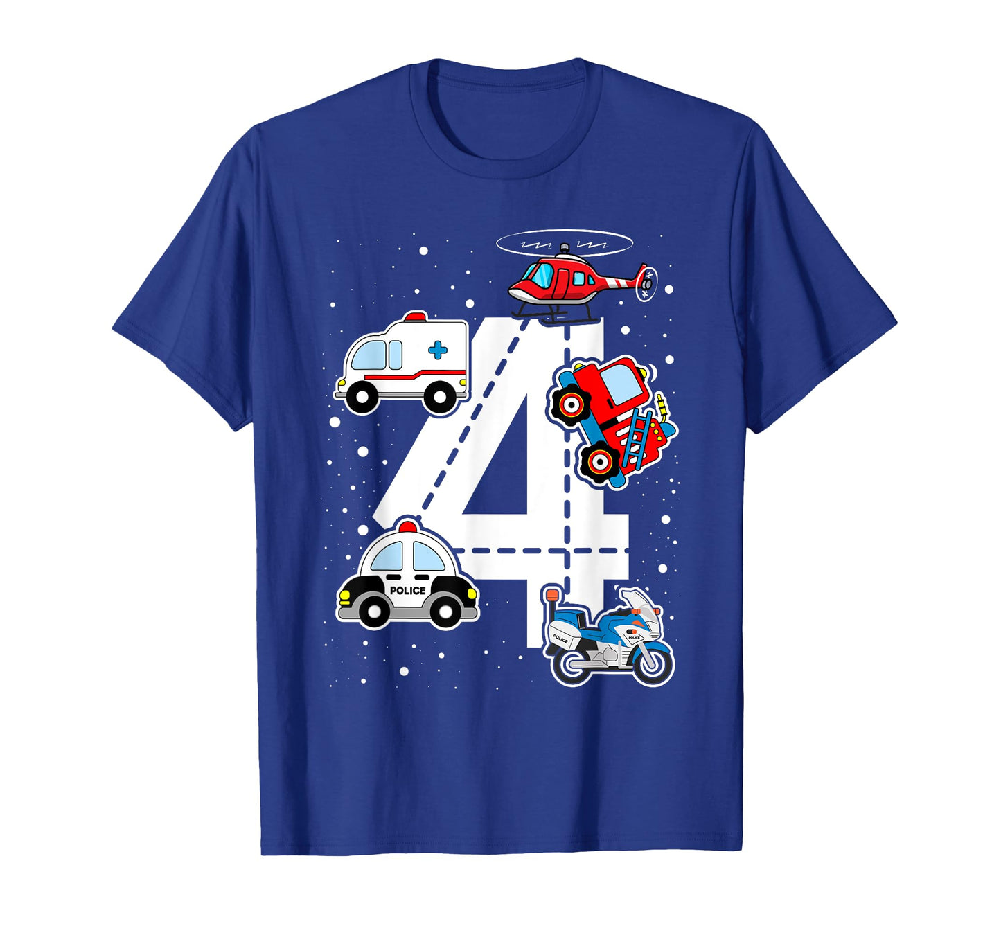Emergency Vehicles 4th Birthday Fire Truck Police Car Boys T-Shirt
