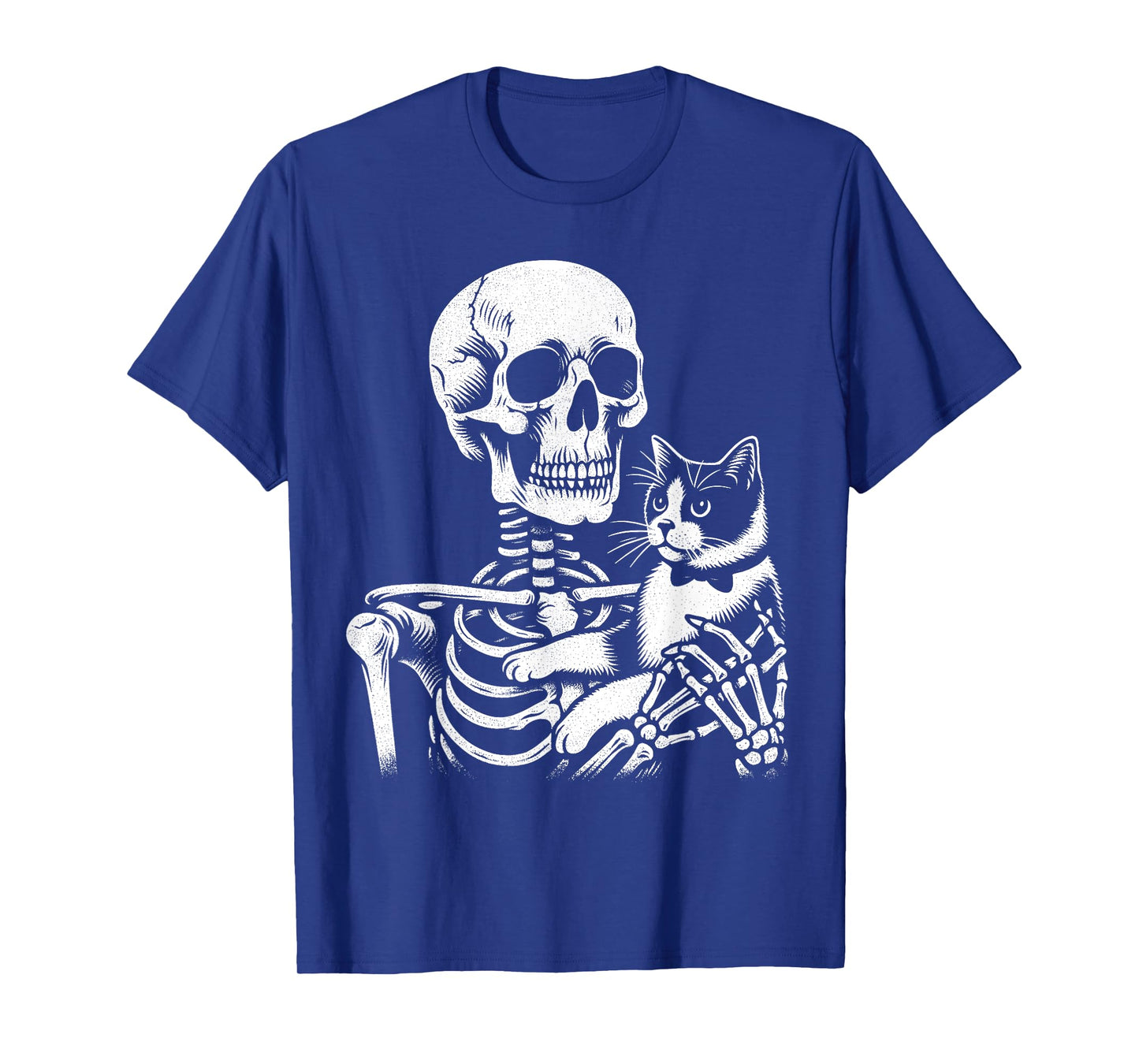 Skeleton Holding A Tuxedo Cat Lazy Halloween Costume Skull T-Shirt for Men Women Kids
