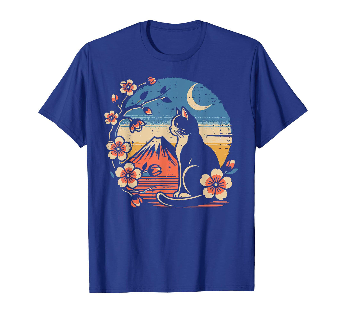 Japanese Tuxedo Cat Cherry Blossoms Retro Art Men Women Kids T-Shirt