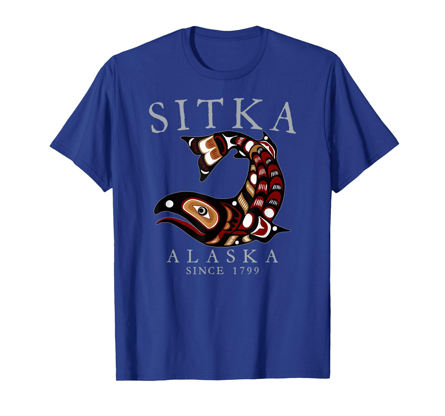 Sitka Alaska Tribal Art Salmon Since 1799 Grey Letters T-Shirt