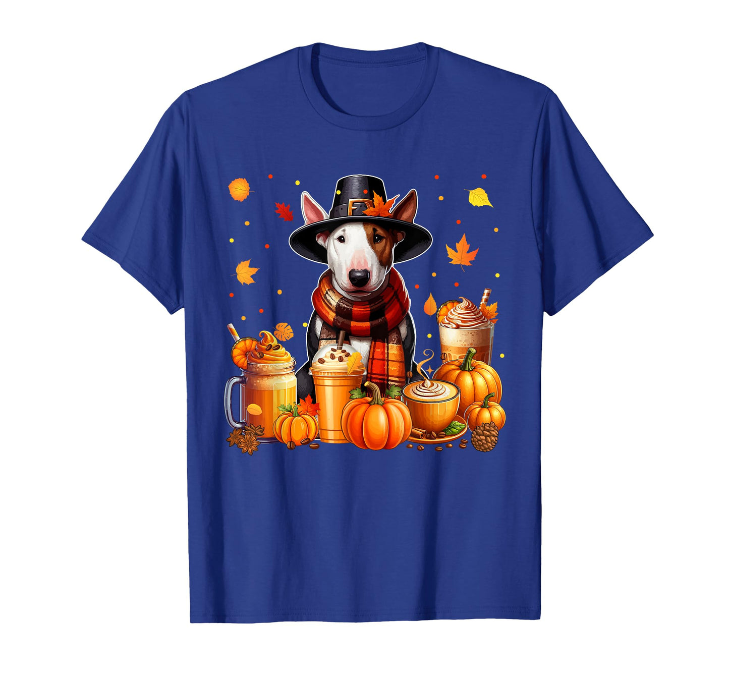 Bull Terrier Thanksgiving Drinks Coffee Fall Leaves Pumpkins T-Shirt