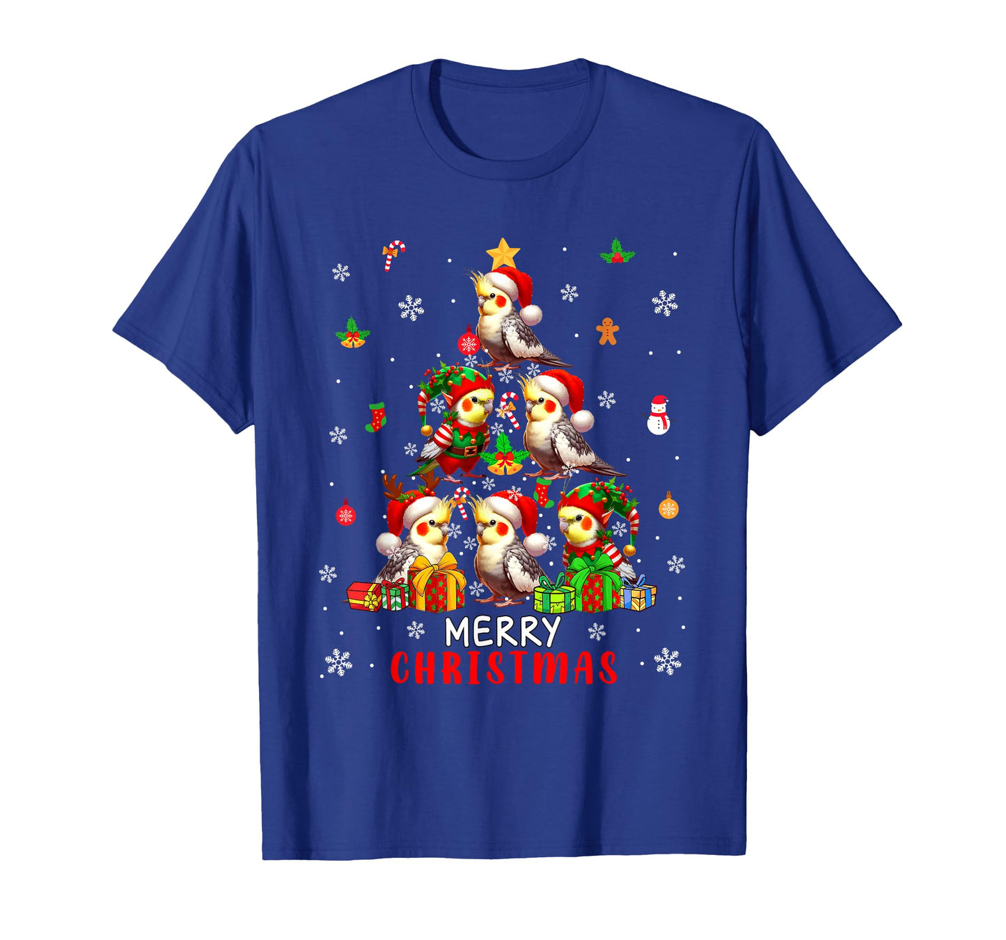 Merry Christmas Group Santa Elf Cockatiels As Xmas Tree Bird T-Shirt