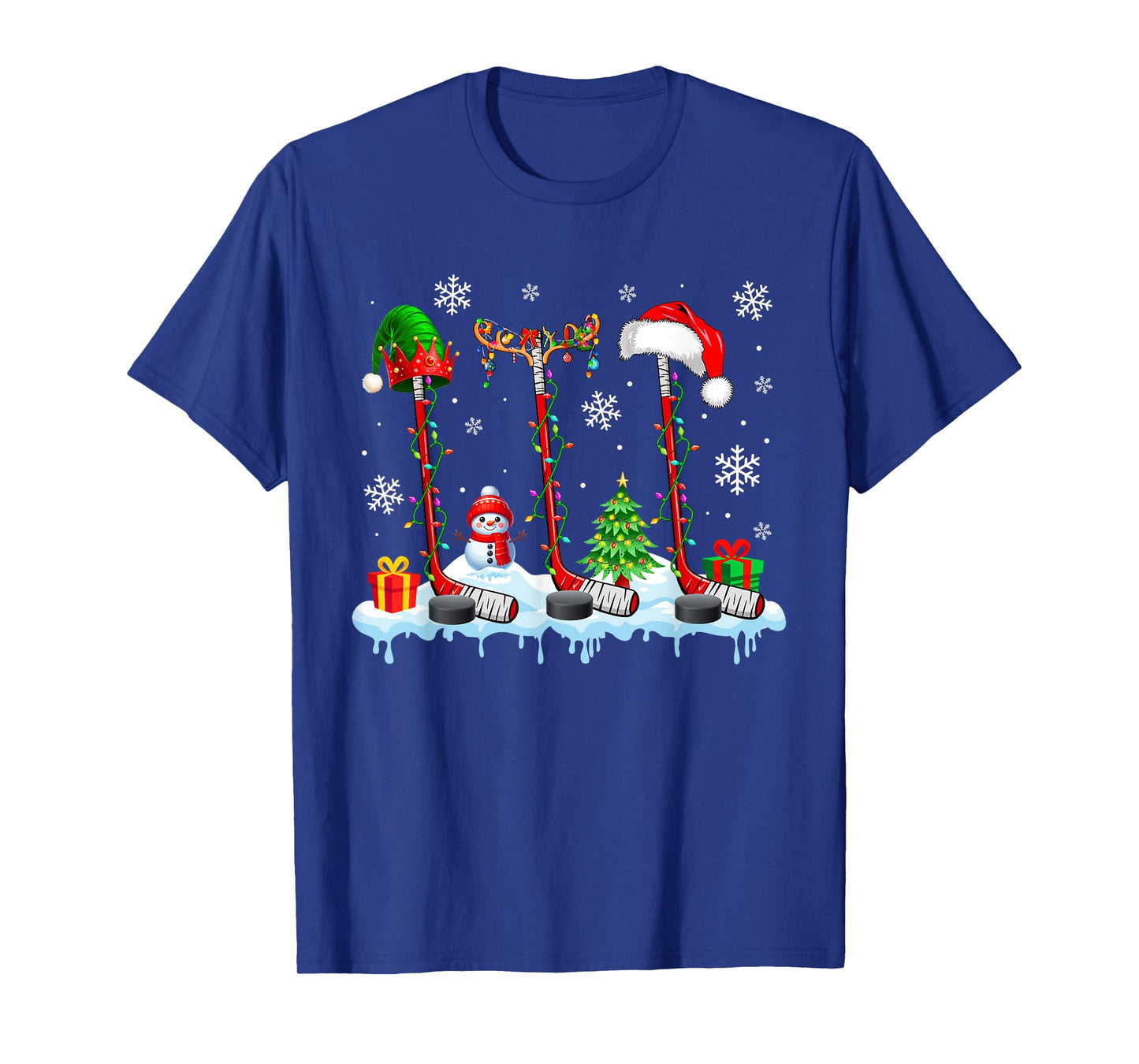 Three Elf Santa Reindeer Hockey Equipments Xmas Player Team T-Shirt