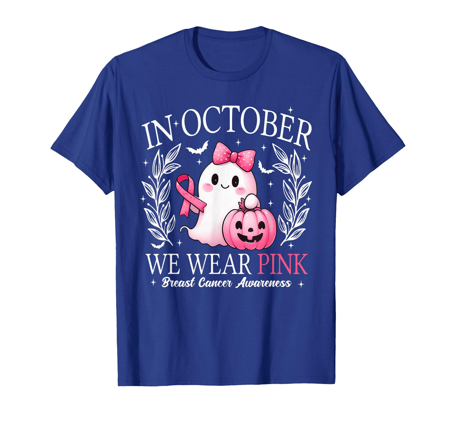 in October We Wear Pink Ghost Witch Breast Cancer Awareness T-Shirt