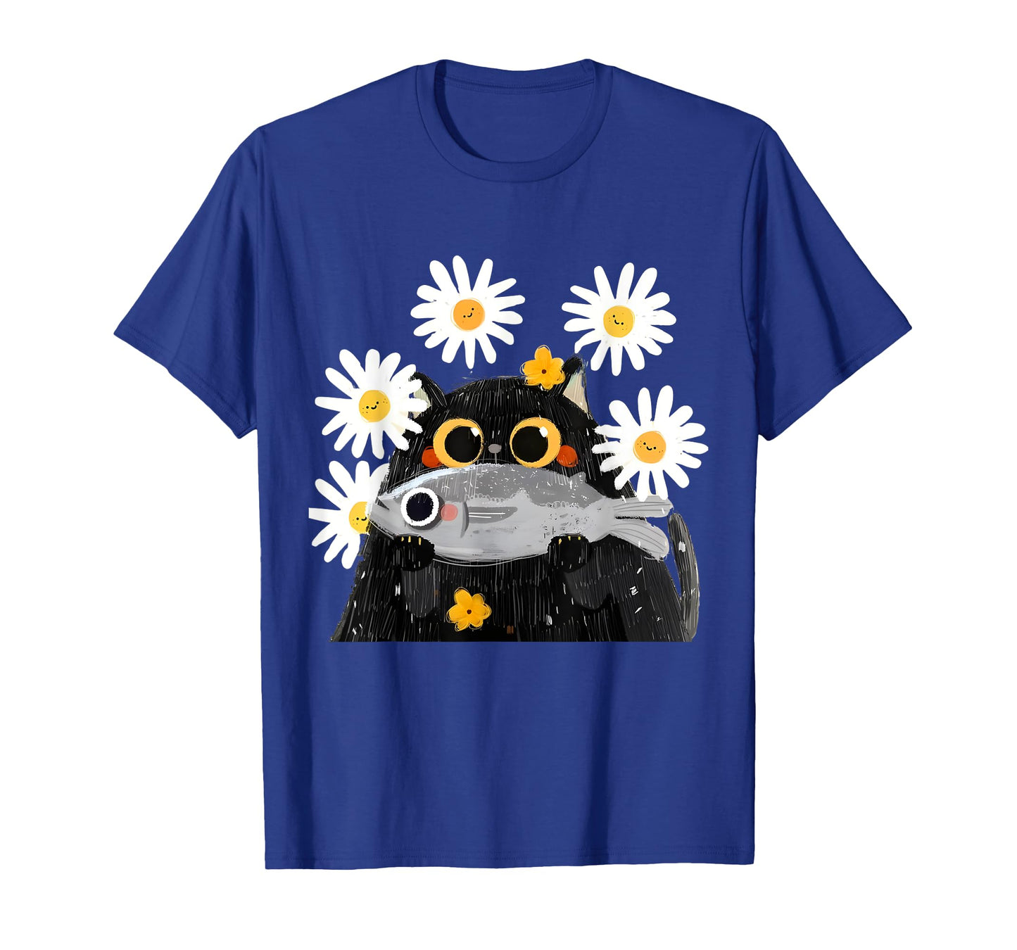 Cute Cat Holding Fish Cat Fish Lover Floral Cat Funny Kitty T-Shirt