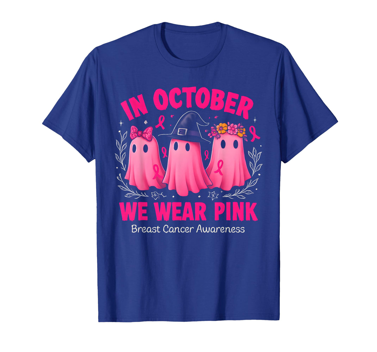 in October We Wear Pink Ghost Halloween Women Breast Cancer T-Shirt