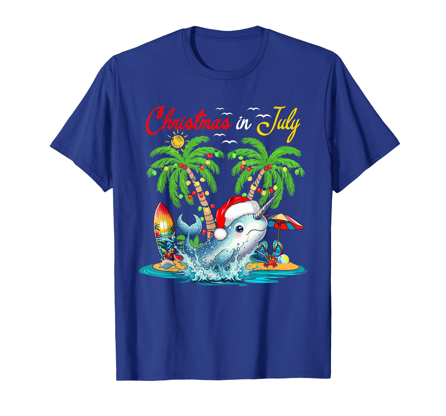 Christmas In July Hawaiian Santa Narwhal Costume Beach Lover T-Shirt