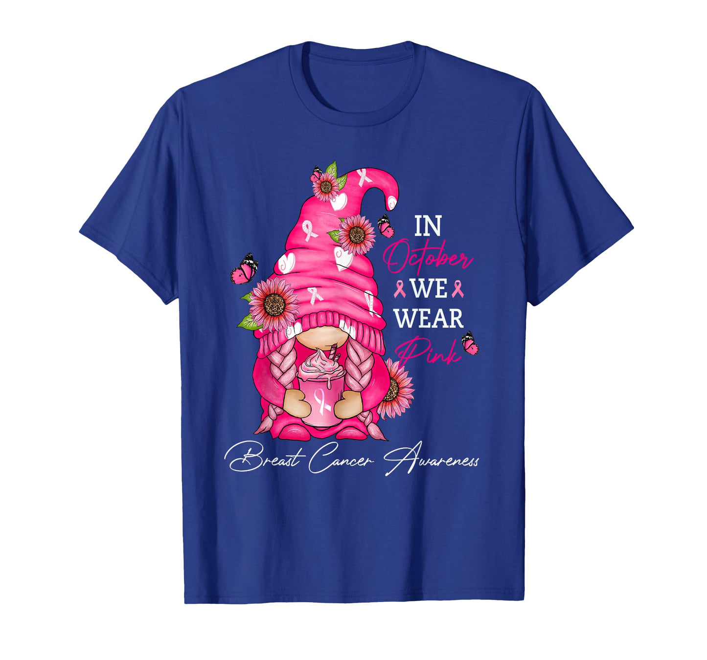 In October We Wear Pink Ribbon Breast Cancer Funny Gnome T-Shirt