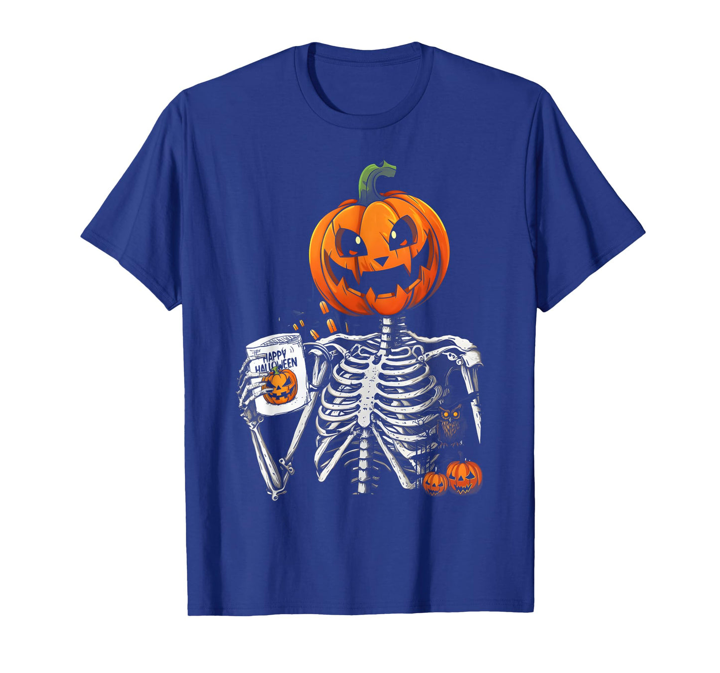 Coffee Drinking Skeleton Pumpkin Halloween Costume Women Men T-Shirt