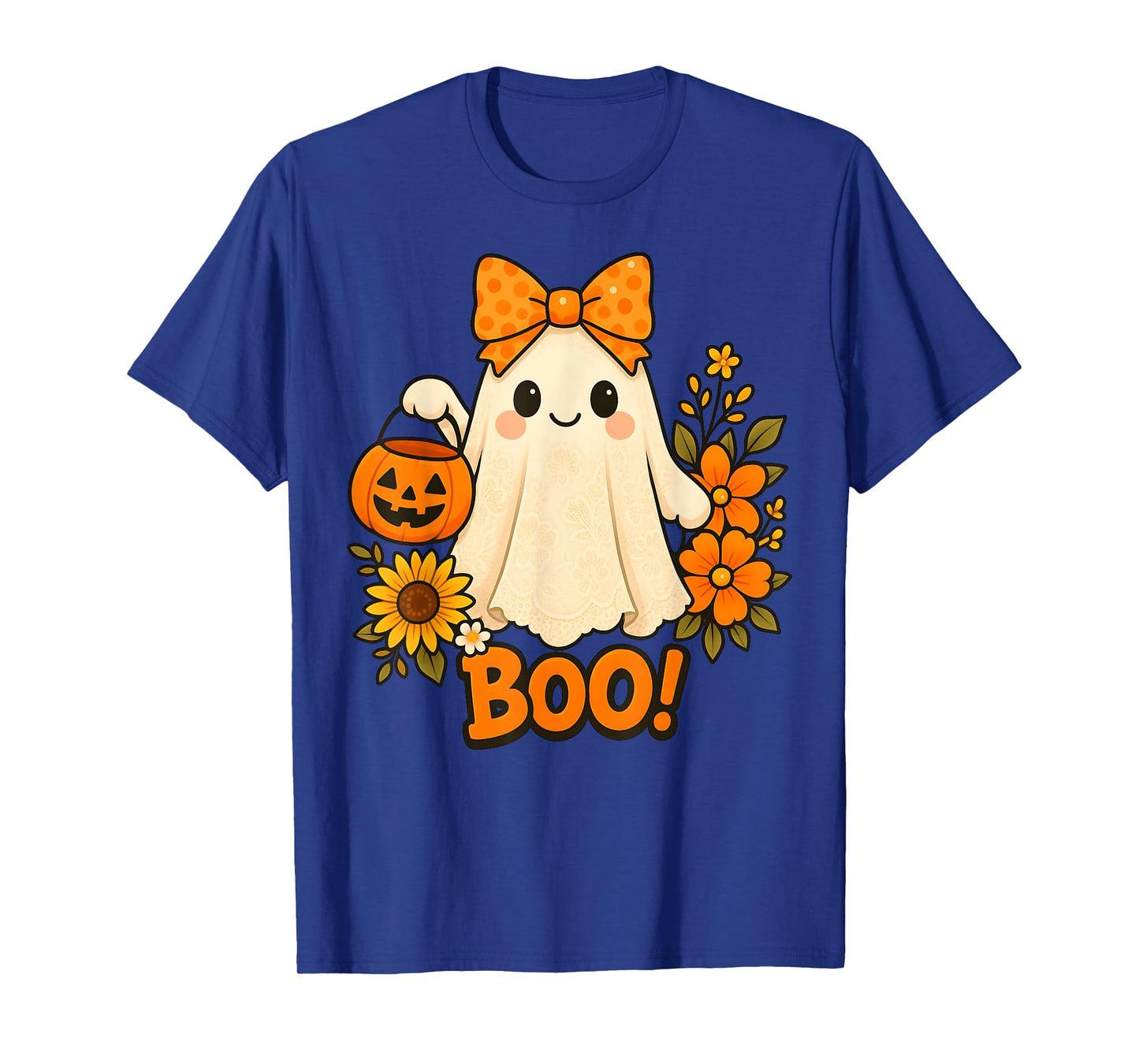 Retro Floral Boo Ghost Pumpkin Bow Halloween Women Kids T-Shirt