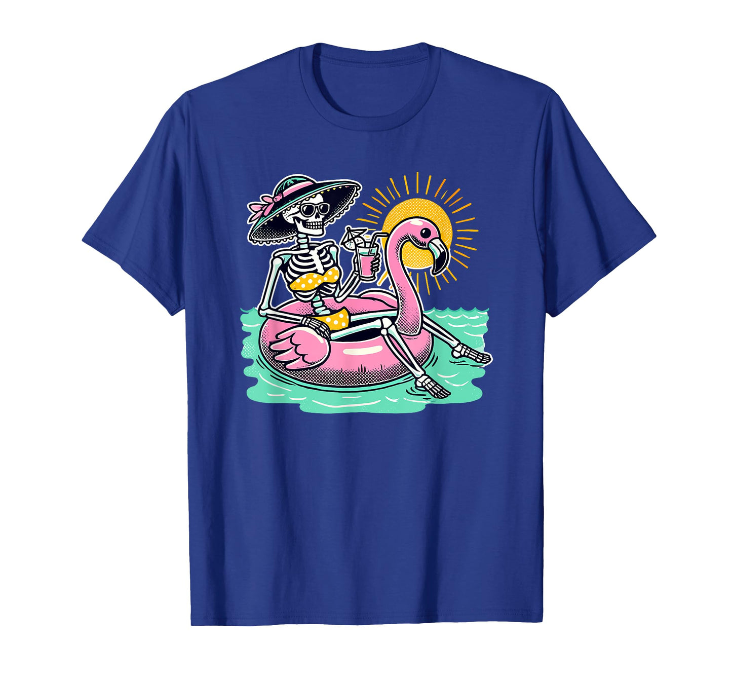 Retro Summer Skeleton Flamingo Float Vacation Beach Drink Men Women T-Shirt