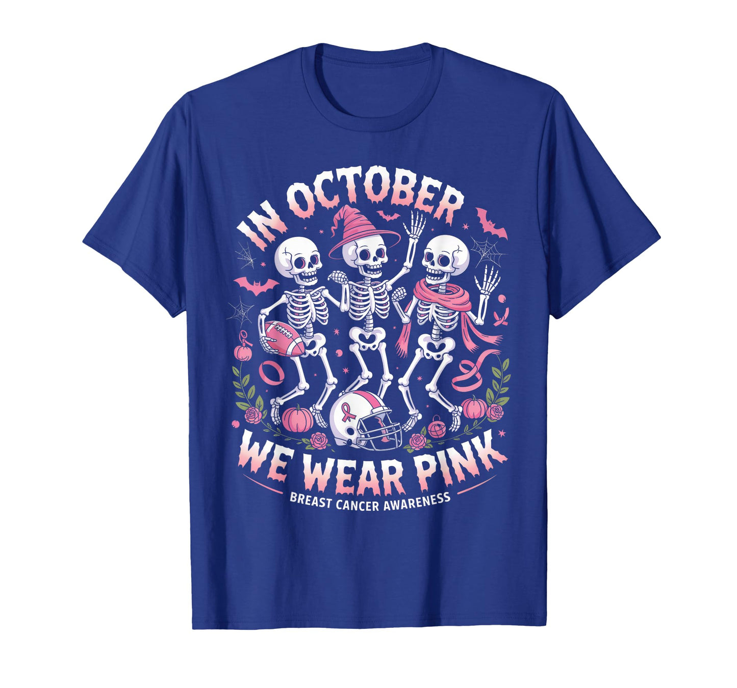 in October We Wear Pink Halloween Skeleton Breast Cancer T-Shirt