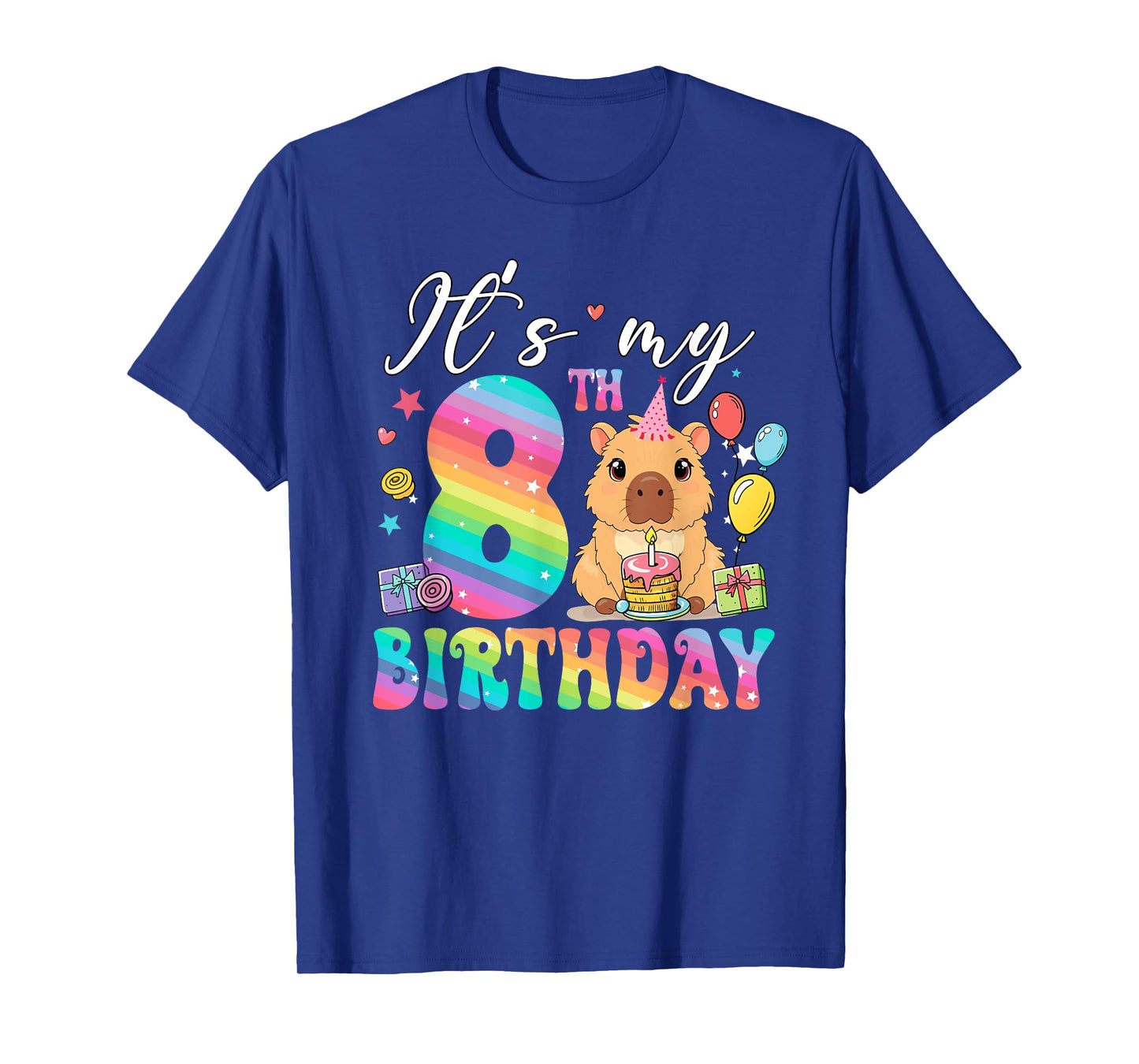 Its My 8th Birthday Capybara Rainbow Funny 8 Year Old Bday T-Shirt