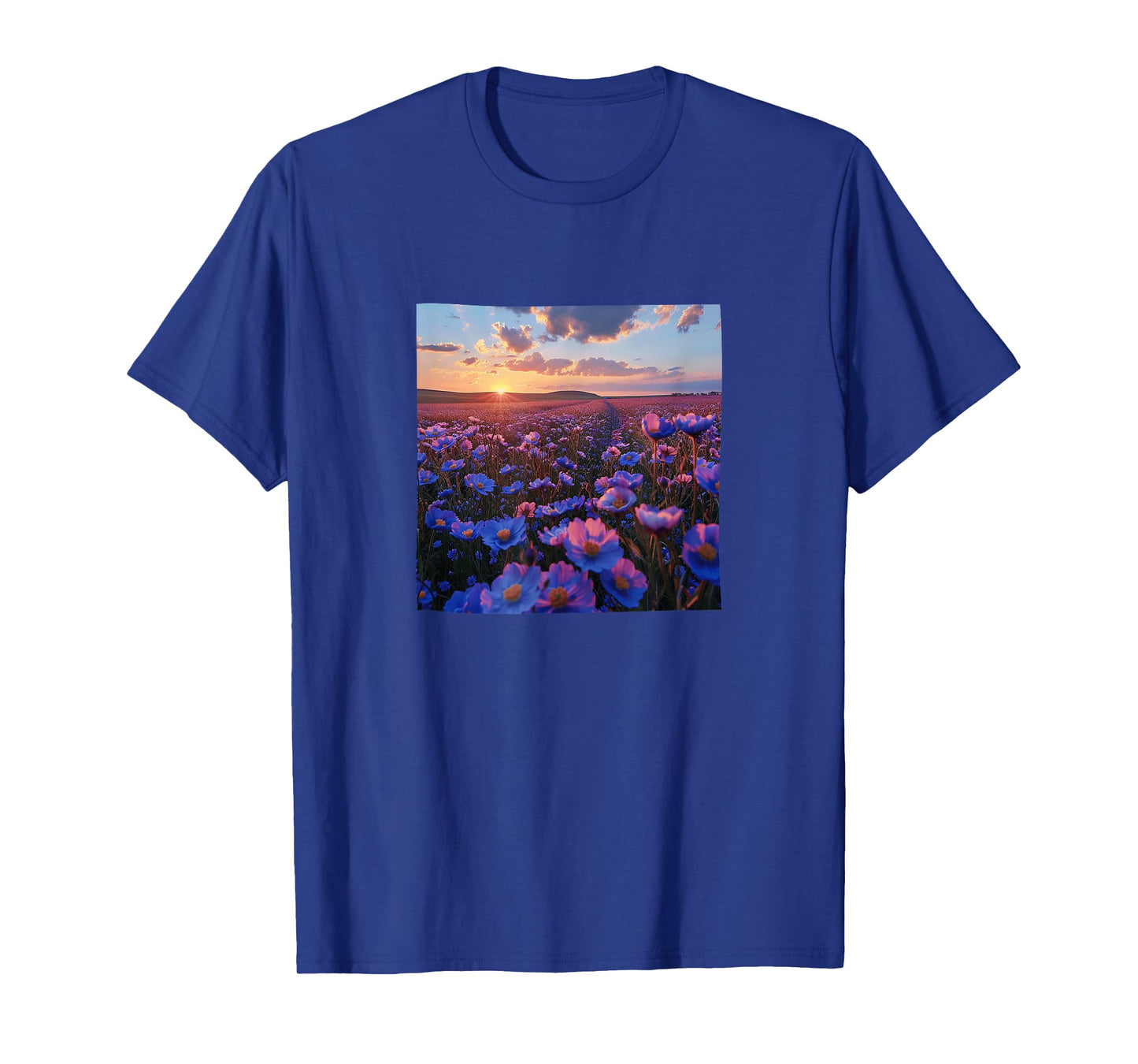 Periwinkle Flower Field Beautiful Sunset Graphic T-Shirt