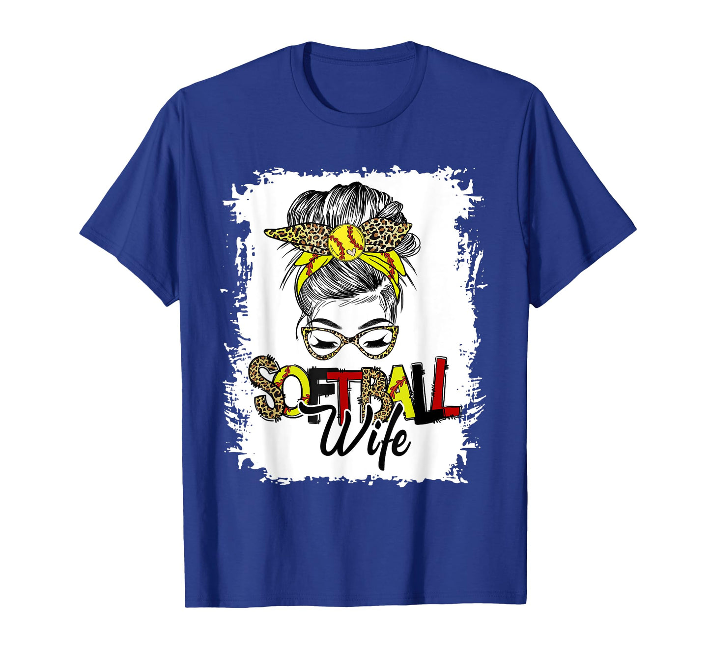 Softball Wife Life With Leopard Messy Bun Mother's Day T-Shirt