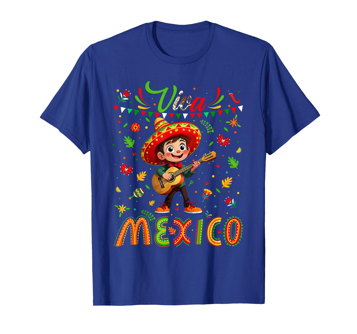 Viva Mexico Mexican Poncho Boy Independence Day Flag Guitar T-Shirt