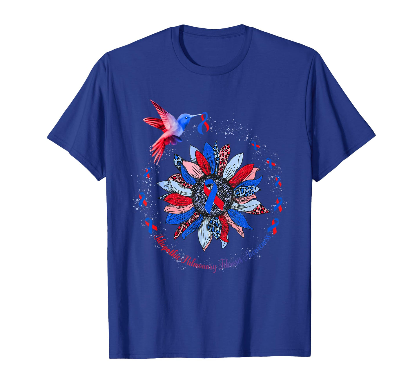 Sunflower Hummingbird Red Blue Ribbon Idiopathic Pulmonary T-Shirt