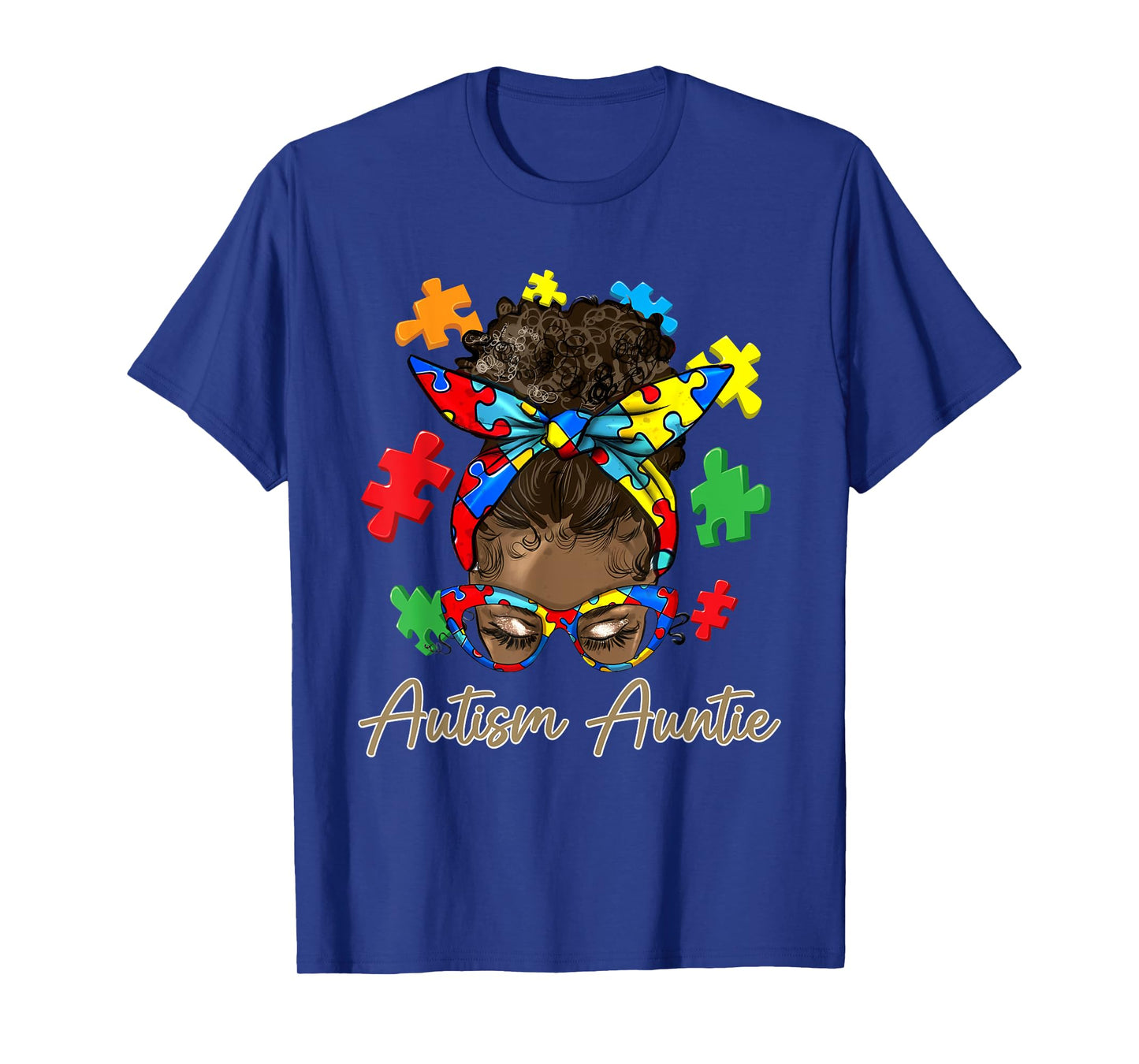 Autism Auntie Afro Black Women Messy Bun Autism Awareness T-Shirt