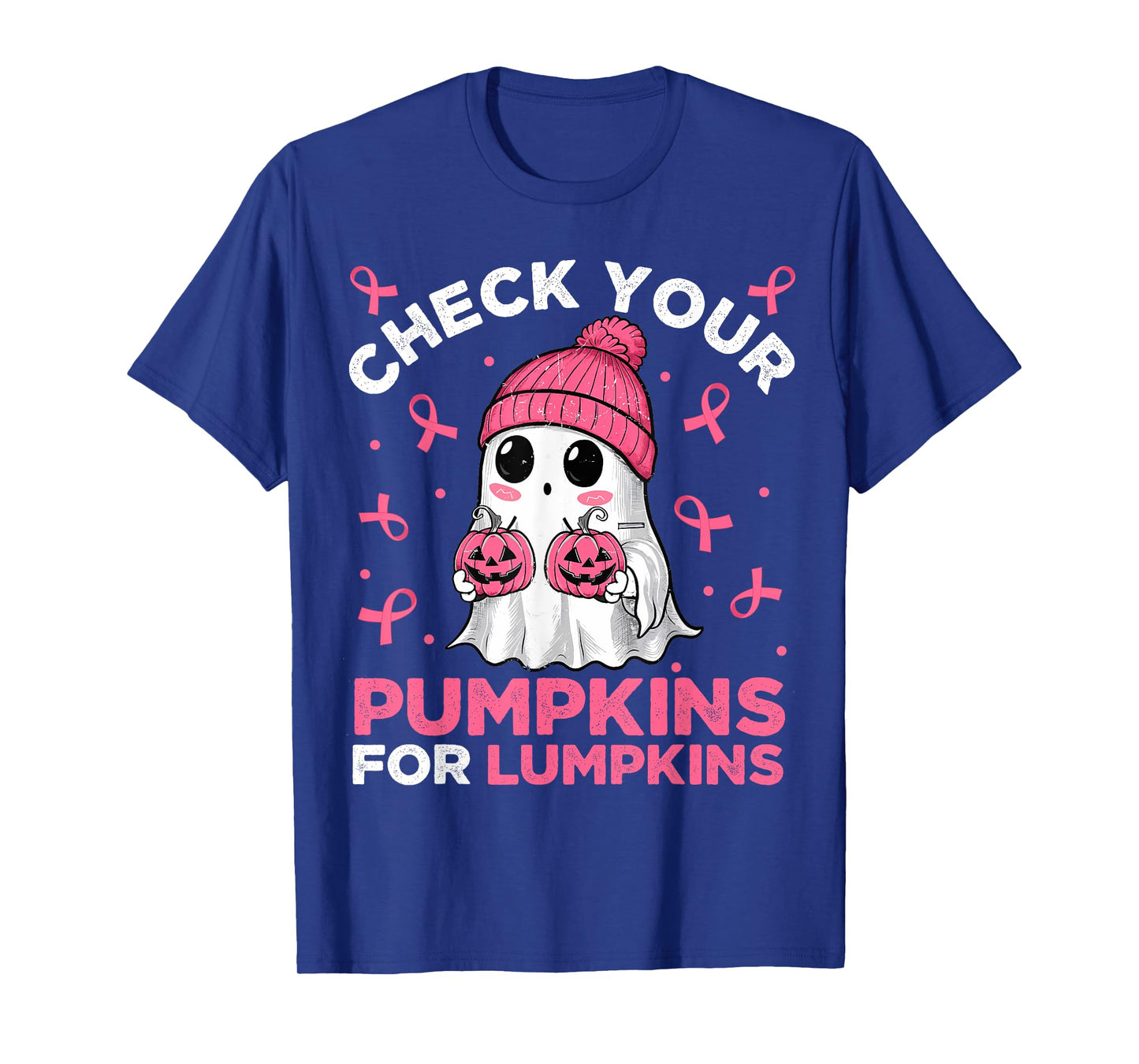 Breast Cancer Halloween Boo Ghost Check Your Pumpkins Womens T-Shirt