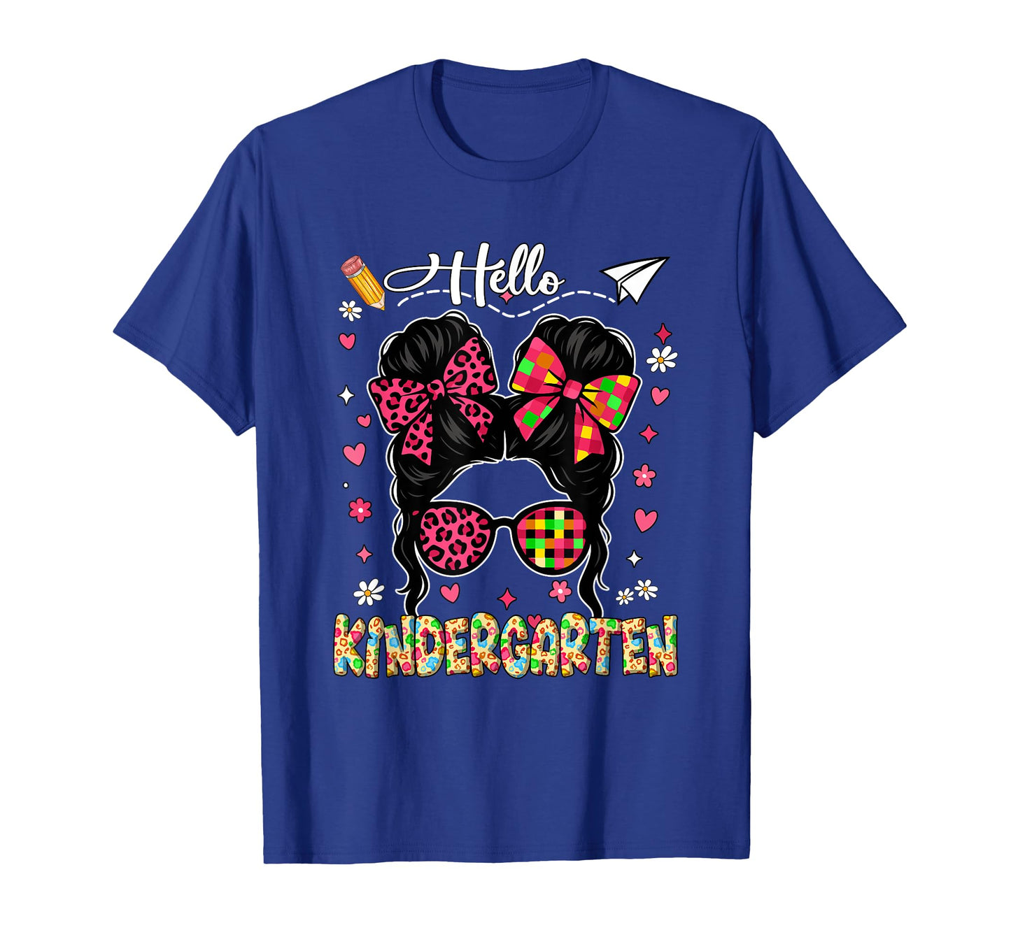 Hello Kindergarten Kid Girl Messy Bun Leopard Sunglasses T-Shirt