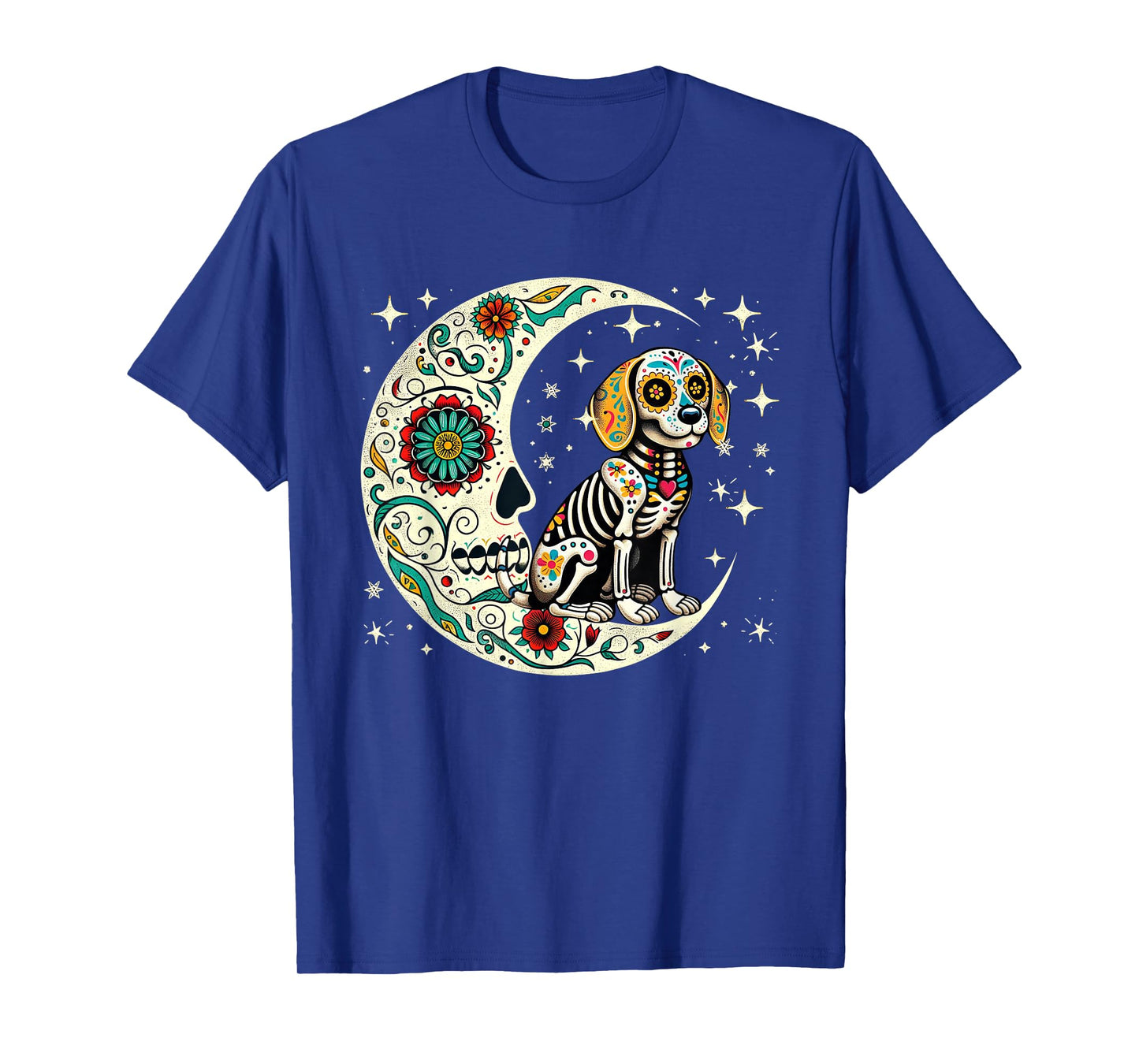 Dia De Los Muertos Halloween Moon Floral Skeleton Beagle T-Shirt