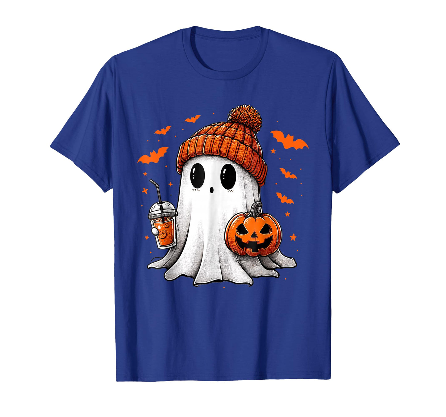 Cute Ghost Drinking Ice Coffee Halloween Pumpkin Mens Womens T-Shirt