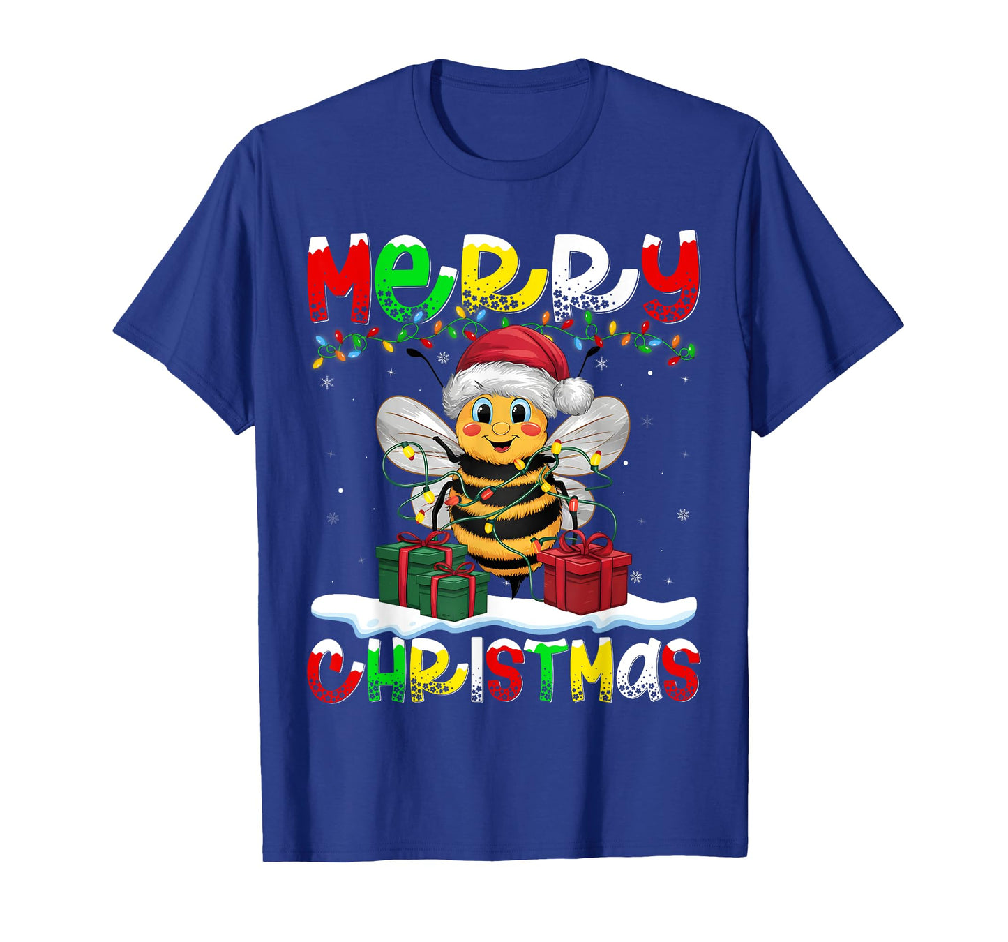 Xmas Lighting Santa Hat Bee Merry Christmas T-Shirt